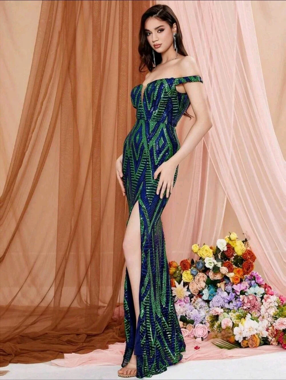 Off-Shoulder Navy and Green Sequin Evening Gown